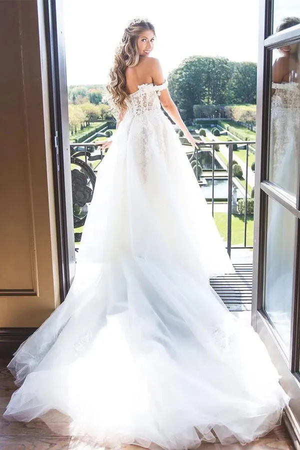 Roycebridal Lace Appliques Off The Shoulder Modest Tulle Princess Wedding Dress,MW363