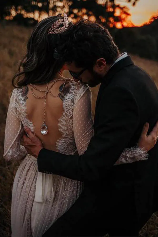 Roycebridal Lace Polka Dot Boho with Sleeves Bohemian Wedding Dress,MW274