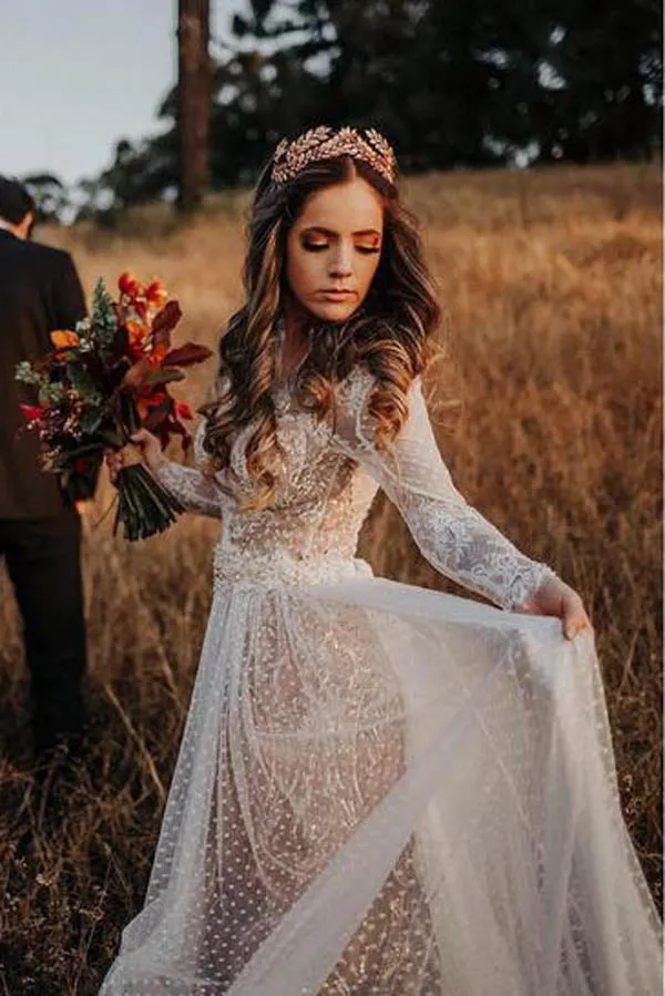 Roycebridal Lace Polka Dot Boho with Sleeves Bohemian Wedding Dress,MW274
