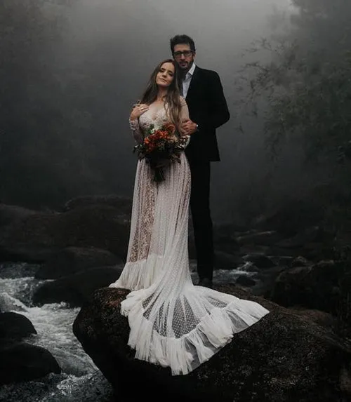 Roycebridal Lace Polka Dot Boho with Sleeves Bohemian Wedding Dress,MW274
