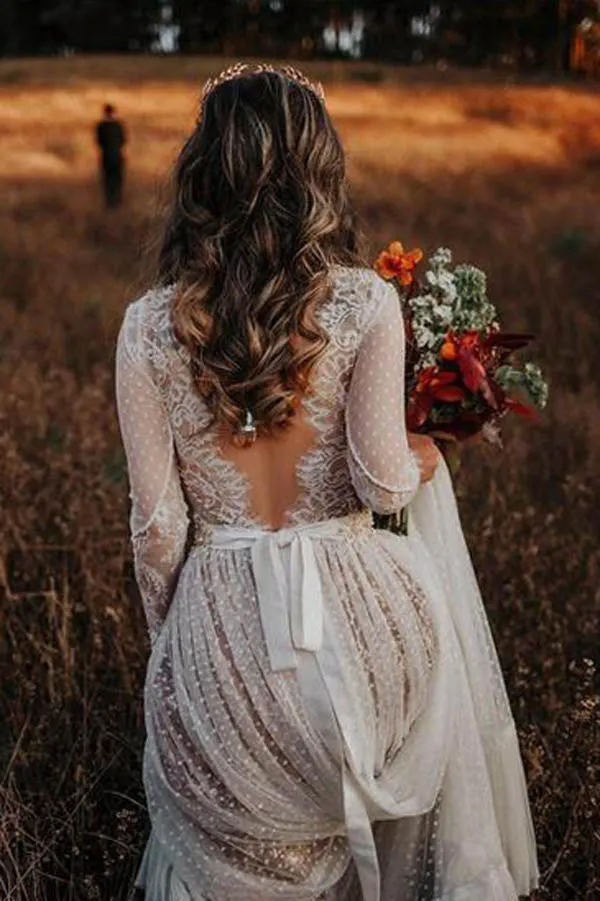 Roycebridal Lace Polka Dot Boho with Sleeves Bohemian Wedding Dress,MW274