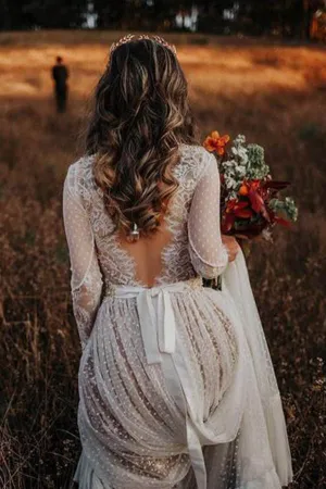 Roycebridal Lace Polka Dot Boho with Sleeves Bohemian Wedding Dress,MW274