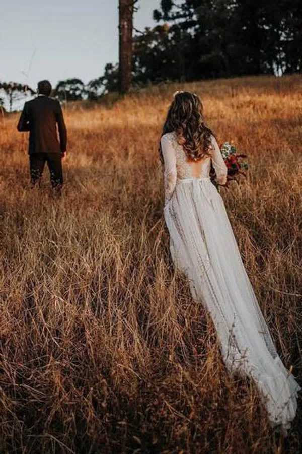Roycebridal Lace Polka Dot Boho with Sleeves Bohemian Wedding Dress,MW274