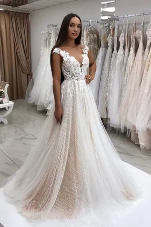 Roycebridal Lace Sparkly Sequins Tulle A-Line Wedding Dress with Floral Appliques Wedding Gown,MW357