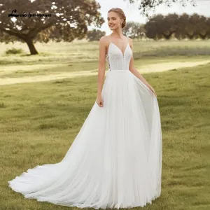 Roycebridal Lakshmigown Spaghetti Straps Boho Wedding Dresses 2021 V Neck Backless Bohemian Lace Bride Dress Tulle Beach Bridal Gown