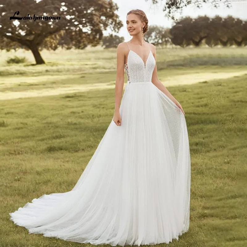 Roycebridal Lakshmigown Spaghetti Straps Boho Wedding Dresses 2021 V Neck Backless Bohemian Lace Bride Dress Tulle Beach Bridal Gown