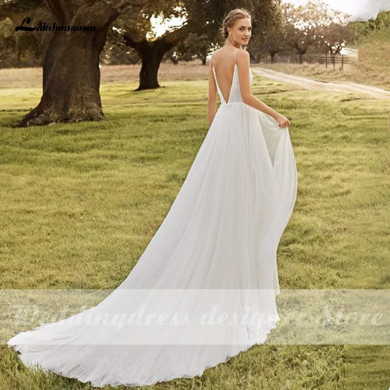 Roycebridal Lakshmigown Spaghetti Straps Boho Wedding Dresses 2021 V Neck Backless Bohemian Lace Bride Dress Tulle Beach Bridal Gown