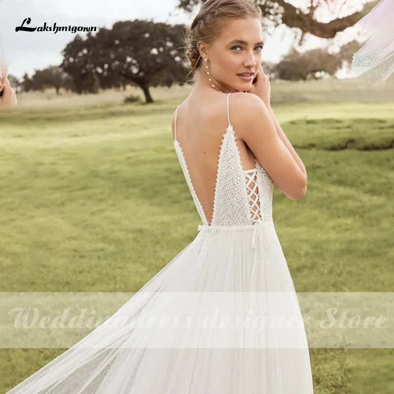 Roycebridal Lakshmigown Spaghetti Straps Boho Wedding Dresses 2021 V Neck Backless Bohemian Lace Bride Dress Tulle Beach Bridal Gown
