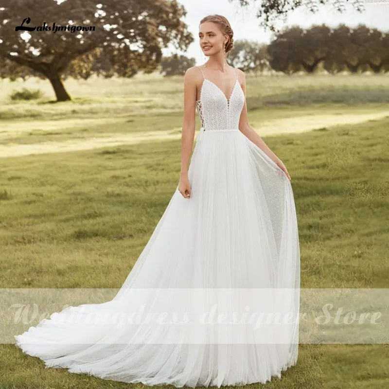 Roycebridal Lakshmigown Spaghetti Straps Boho Wedding Dresses 2021 V Neck Backless Bohemian Lace Bride Dress Tulle Beach Bridal Gown
