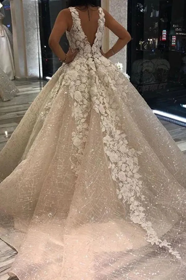 Roycebridal Organza Ball Gown Floral Wedding Dress With V-neck and Sequins Decorated,MW385