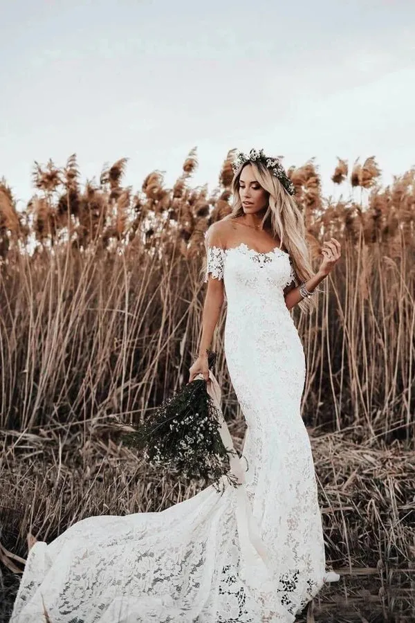 Roycebridal Rustic Mermaid Lace Ivory Wedding Dresses Illusion Neckline Beach Wedding Dress,MW488