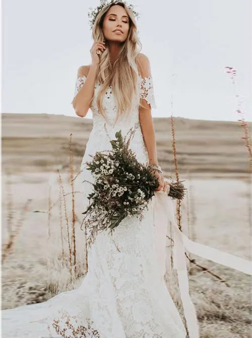 Roycebridal Rustic Mermaid Lace Ivory Wedding Dresses Illusion Neckline Beach Wedding Dress,MW488