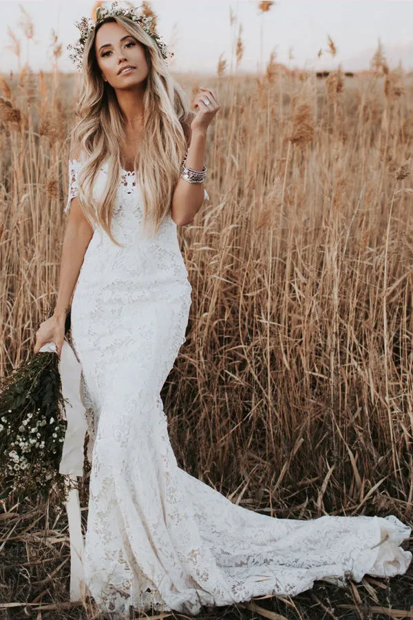 Roycebridal Rustic Mermaid Lace Ivory Wedding Dresses Illusion Neckline Beach Wedding Dress,MW488