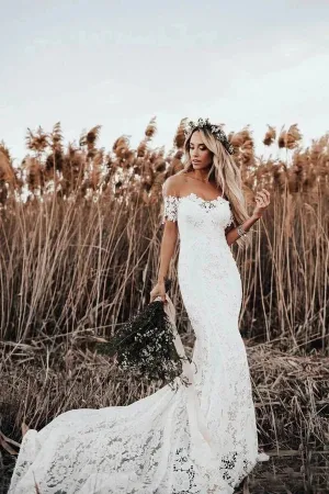 Roycebridal Rustic Mermaid Lace Ivory Wedding Dresses Illusion Neckline Beach Wedding Dress,MW488