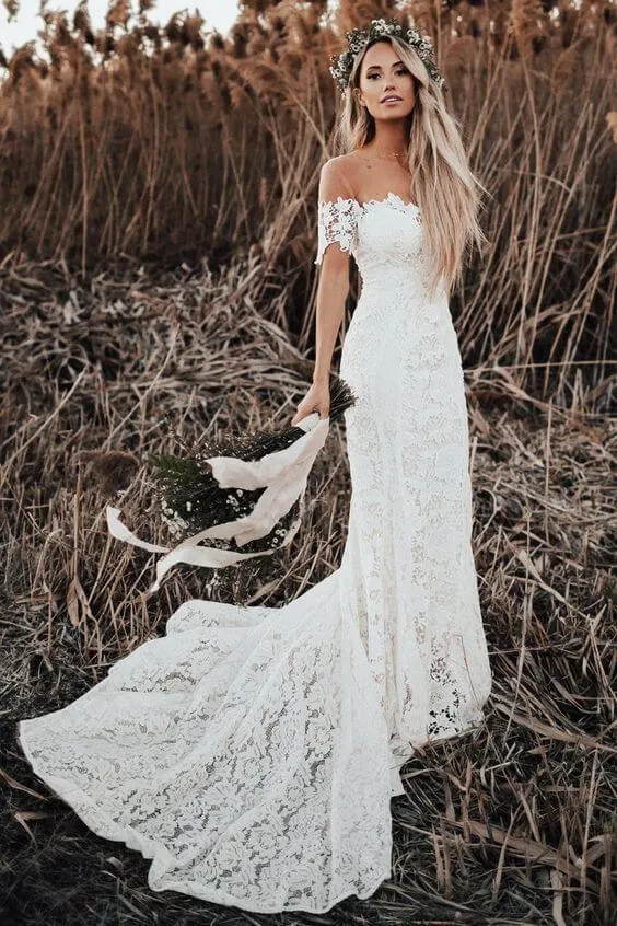 Roycebridal Rustic Mermaid Lace Ivory Wedding Dresses Illusion Neckline Beach Wedding Dress,MW488
