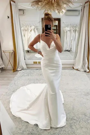Roycebridal Satin Mermaid Spaghetti Straps Pleated Wedding Dresses, Bridal Gown, MW896