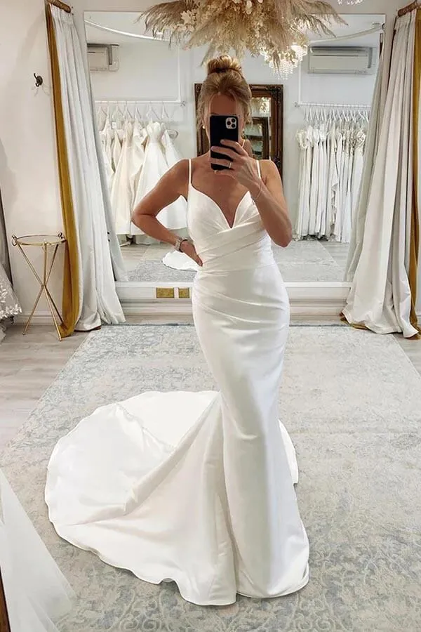 Roycebridal Satin Mermaid Spaghetti Straps Pleated Wedding Dresses, Bridal Gown, MW896