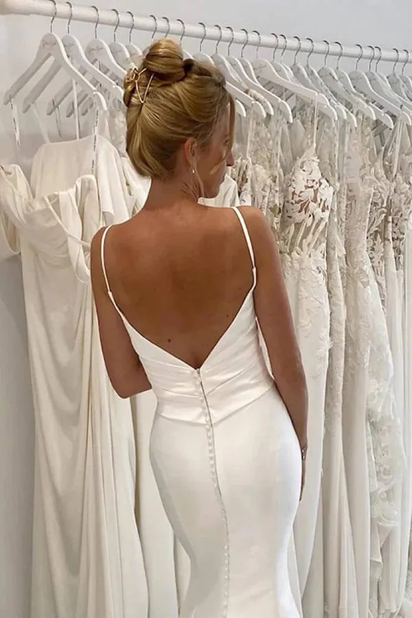 Roycebridal Satin Mermaid Spaghetti Straps Pleated Wedding Dresses, Bridal Gown, MW896
