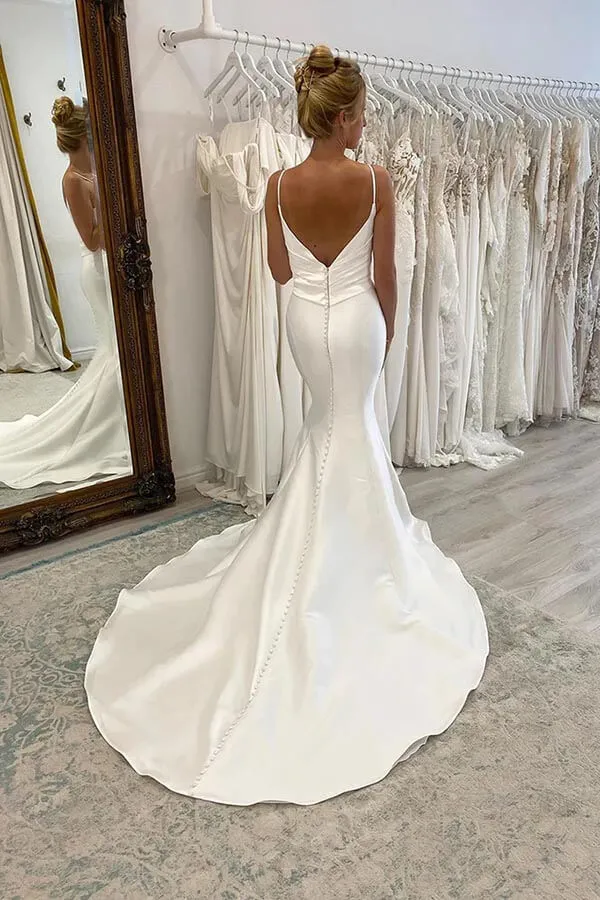 Roycebridal Satin Mermaid Spaghetti Straps Pleated Wedding Dresses, Bridal Gown, MW896