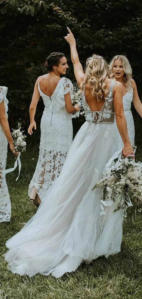 Roycebridal See Through Tulle V-neck Lace Ivory V-back Beach Wedding Dresses,MW329