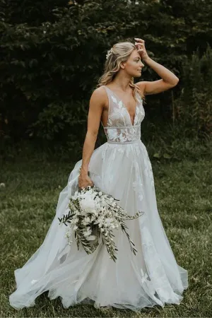 Roycebridal See Through Tulle V-neck Lace Ivory V-back Beach Wedding Dresses,MW329