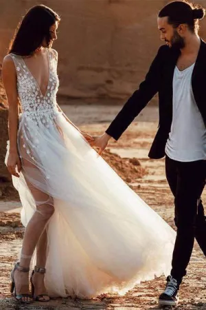 Roycebridal Sexy Tulle See-Through A-line V Neck Beach Wedding Dresses with Slit, MW261