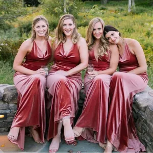Roycebridal Sexy V-neck Vintage Rust Velvet Bridesmaid Dresses Long