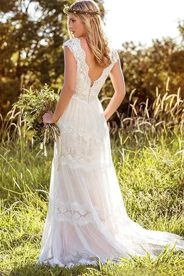 Roycebridal Simple A-Line V-Neck Bohemian Lace Bridal Gown Beach Wedding Dresses,MW293