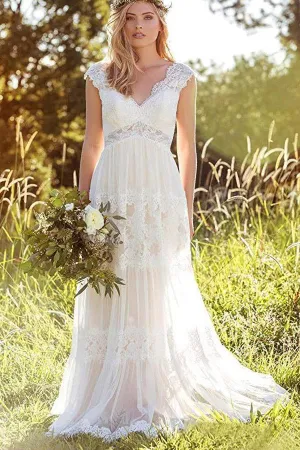 Roycebridal Simple A-Line V-Neck Bohemian Lace Bridal Gown Beach Wedding Dresses,MW293