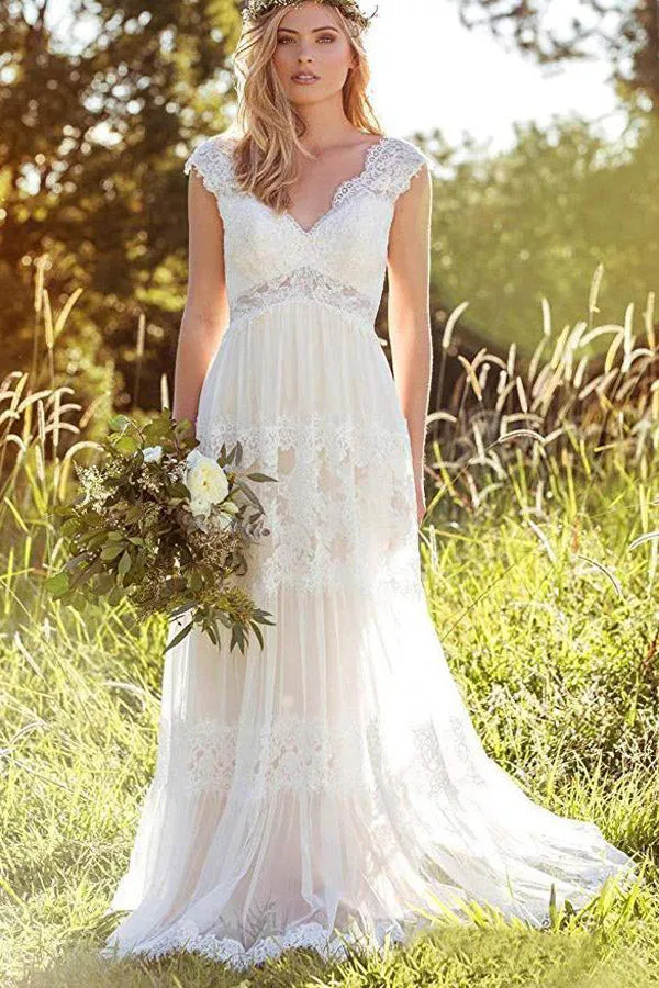 Roycebridal Simple A-Line V-Neck Bohemian Lace Bridal Gown Beach Wedding Dresses,MW293