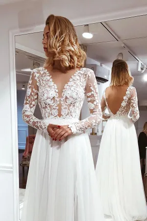 Roycebridal Simple A-line V-neck Open Back Ivory Lace Long Sleeves Wedding Dresses,MW381