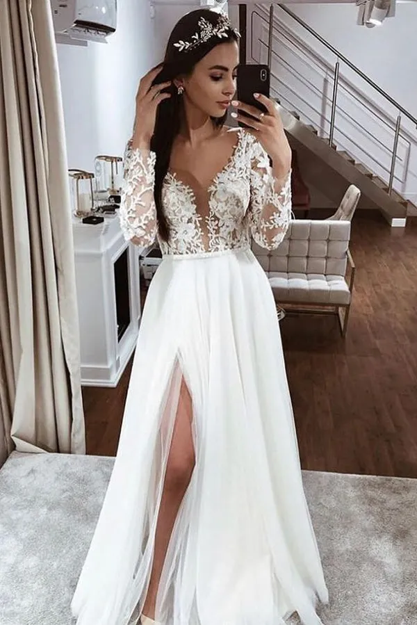 Roycebridal Simple A-line V-neck Open Back Long Sleeves Lace Wedding Dresses with Split,MW410