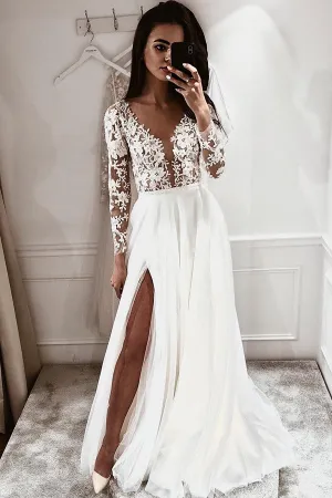 Roycebridal Simple A-line V-neck Open Back Long Sleeves Lace Wedding Dresses with Split,MW410
