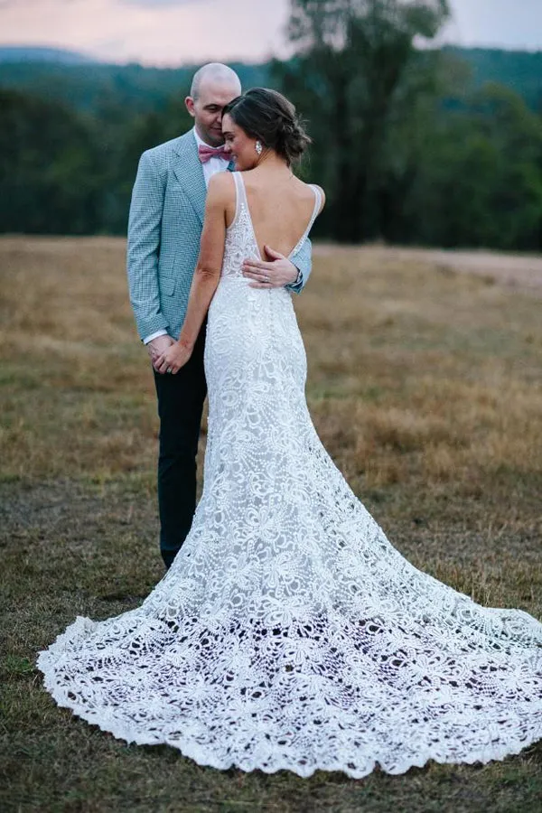 Roycebridal Simple Open Back V-neck Sleeveless Mermaid Lace Wedding Dress ,MW437