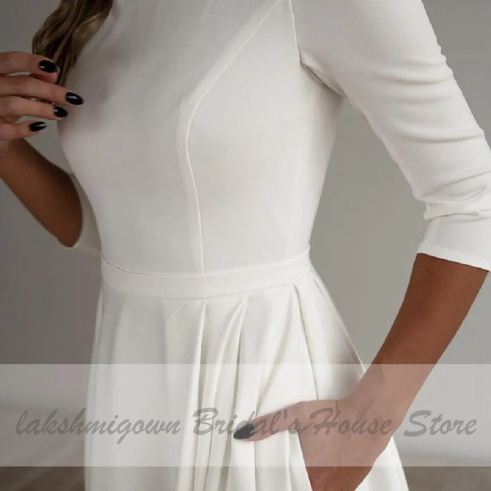 Roycebridal Simple Satin Wedding Dress A Line 3/4 sleeves Beach