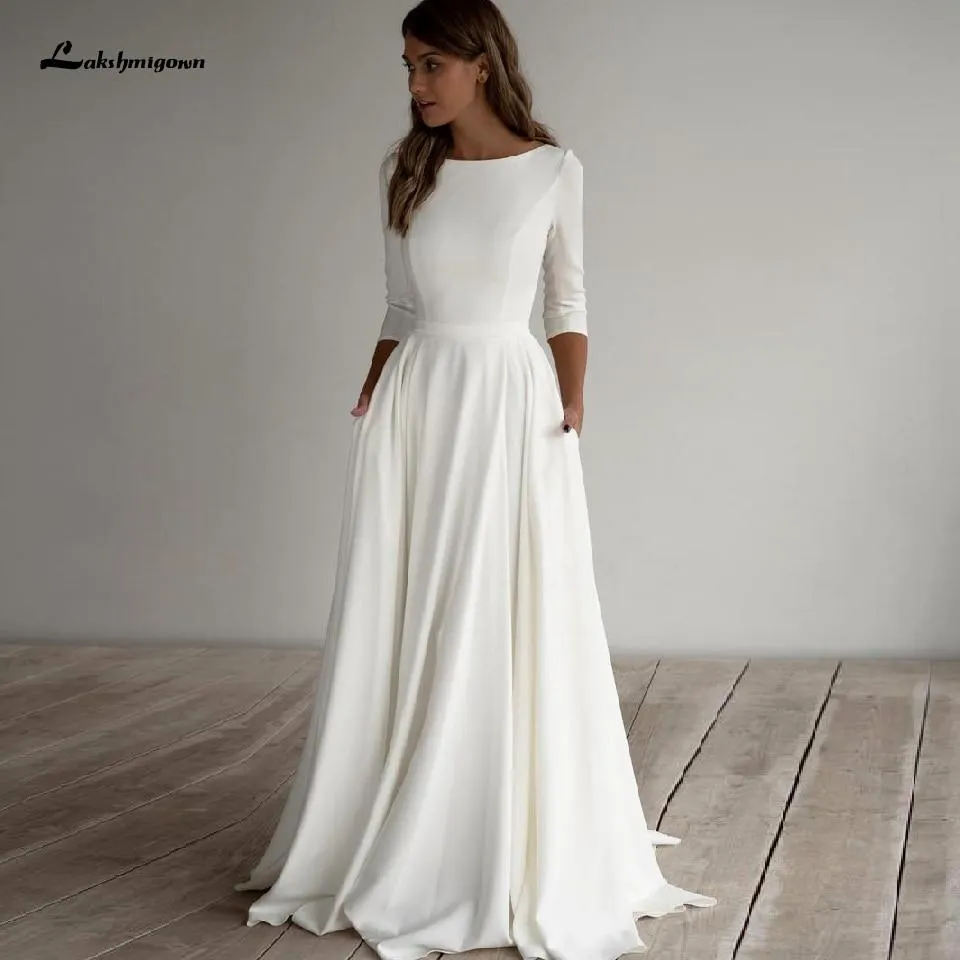 Roycebridal Simple Satin Wedding Dress A Line 3/4 sleeves Beach