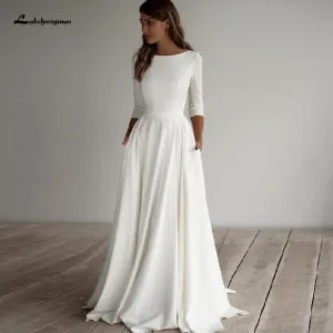 Roycebridal Simple Satin Wedding Dress A Line 3/4 sleeves Beach