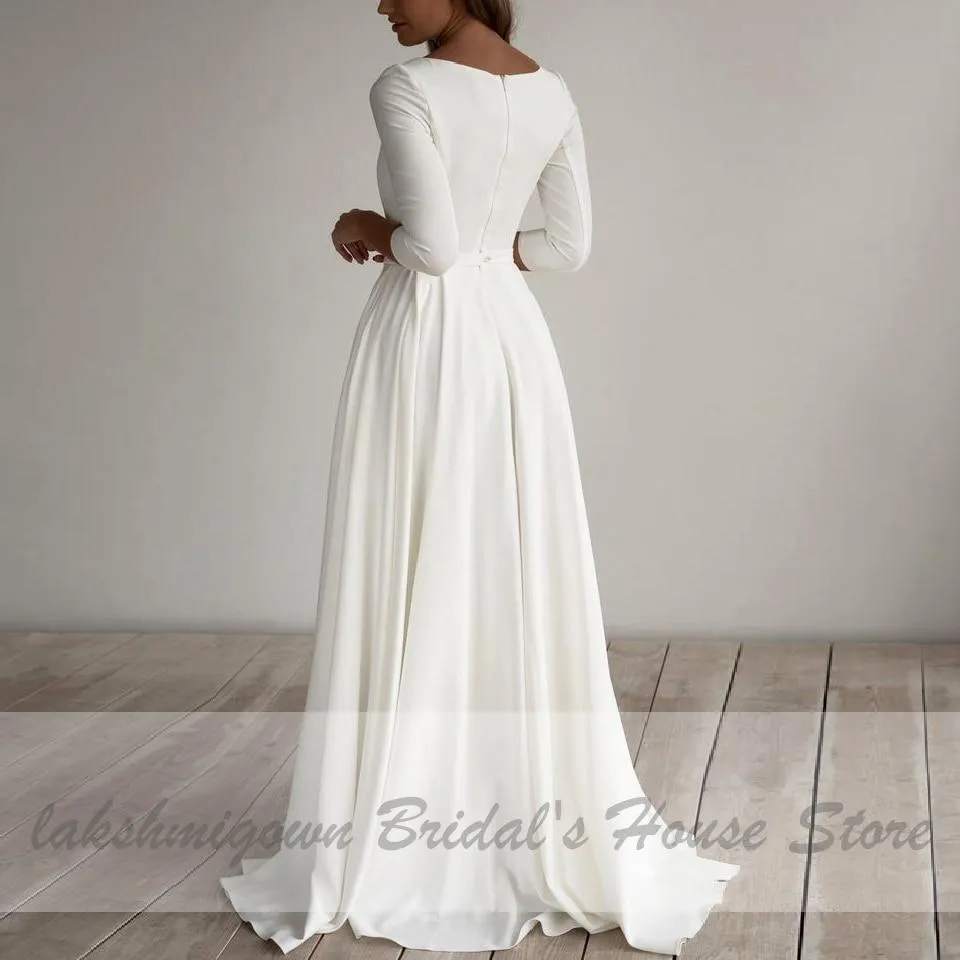 Roycebridal Simple Satin Wedding Dress A Line 3/4 sleeves Beach