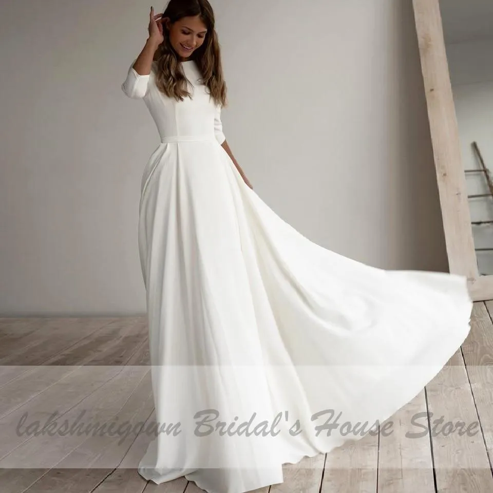 Roycebridal Simple Satin Wedding Dress A Line 3/4 sleeves Beach