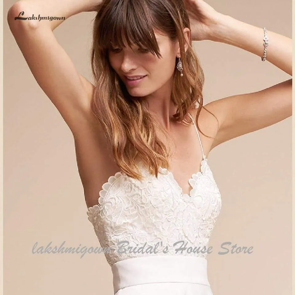 Roycebridal Simple Short Wedding Dress Satin Sexy Bridal Beach Spaghetti Straps