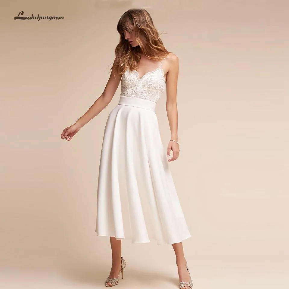 Roycebridal Simple Short Wedding Dress Satin Sexy Bridal Beach Spaghetti Straps