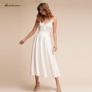 Roycebridal Simple Short Wedding Dress Satin Sexy Bridal Beach Spaghetti Straps