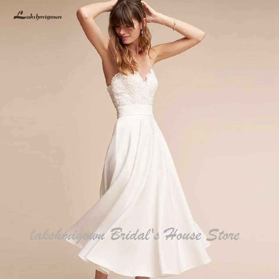 Roycebridal Simple Short Wedding Dress Satin Sexy Bridal Beach Spaghetti Straps