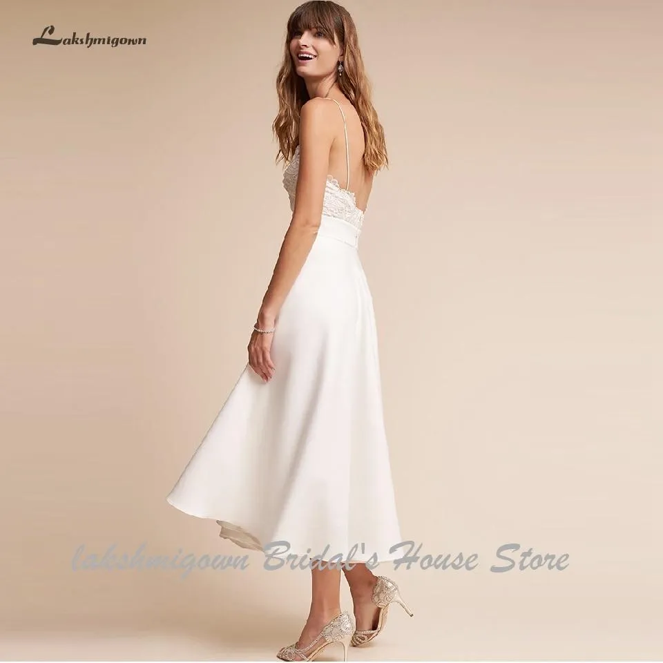 Roycebridal Simple Short Wedding Dress Satin Sexy Bridal Beach Spaghetti Straps