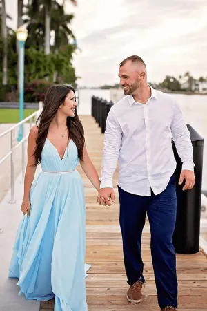 Roycebridal Simple Sky Blue Rustic Thigh Split Beach Wedding Dresses with Sweep Train, MW527