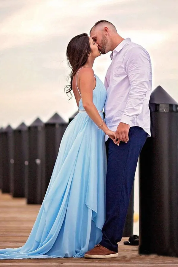 Roycebridal Simple Sky Blue Rustic Thigh Split Beach Wedding Dresses with Sweep Train, MW527