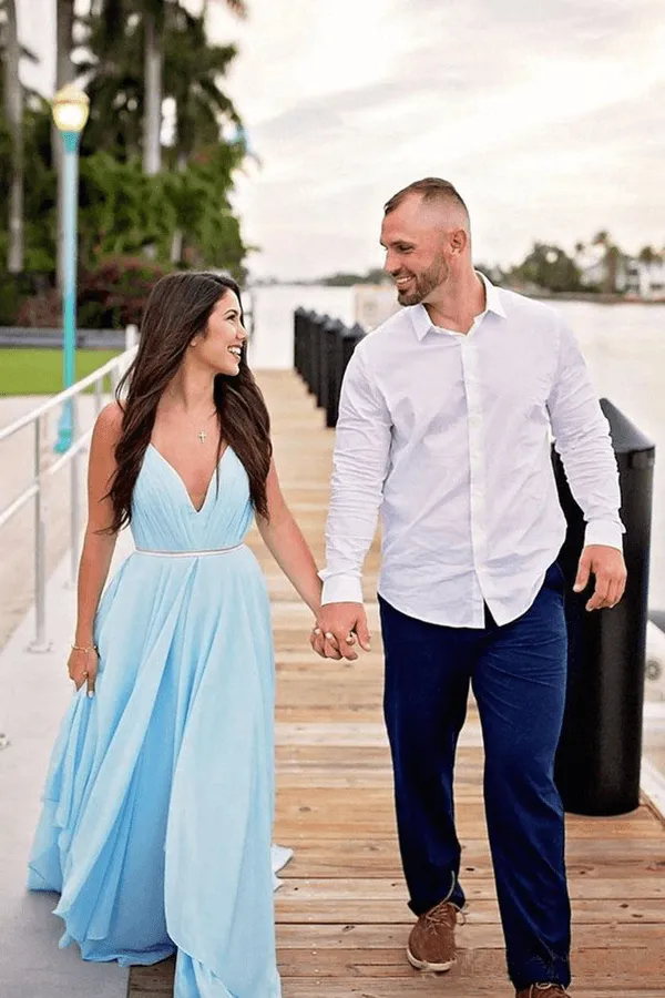 Roycebridal Simple Sky Blue Rustic Thigh Split Beach Wedding Dresses with Sweep Train, MW527