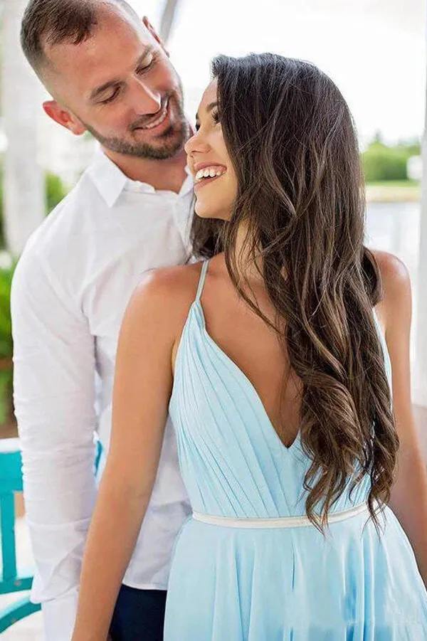 Roycebridal Simple Sky Blue Rustic Thigh Split Beach Wedding Dresses with Sweep Train, MW527