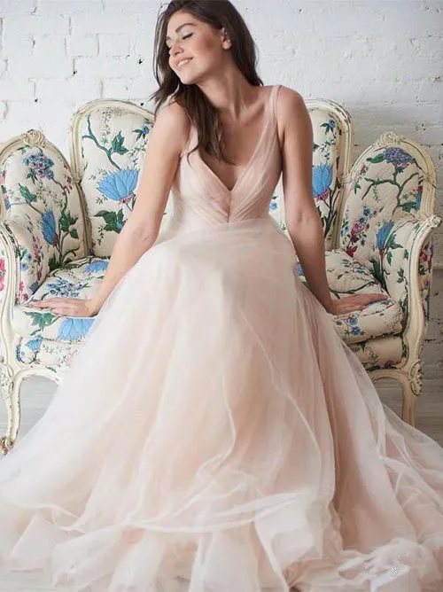 Roycebridal Simple Tulle Ball Gown A-line Wedding Dresses V-neck Bridal Dress,MW491