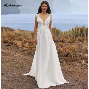 Roycebridal Simple Wedding Dress Soft Lace Chiffon A-Line Short Sleeve